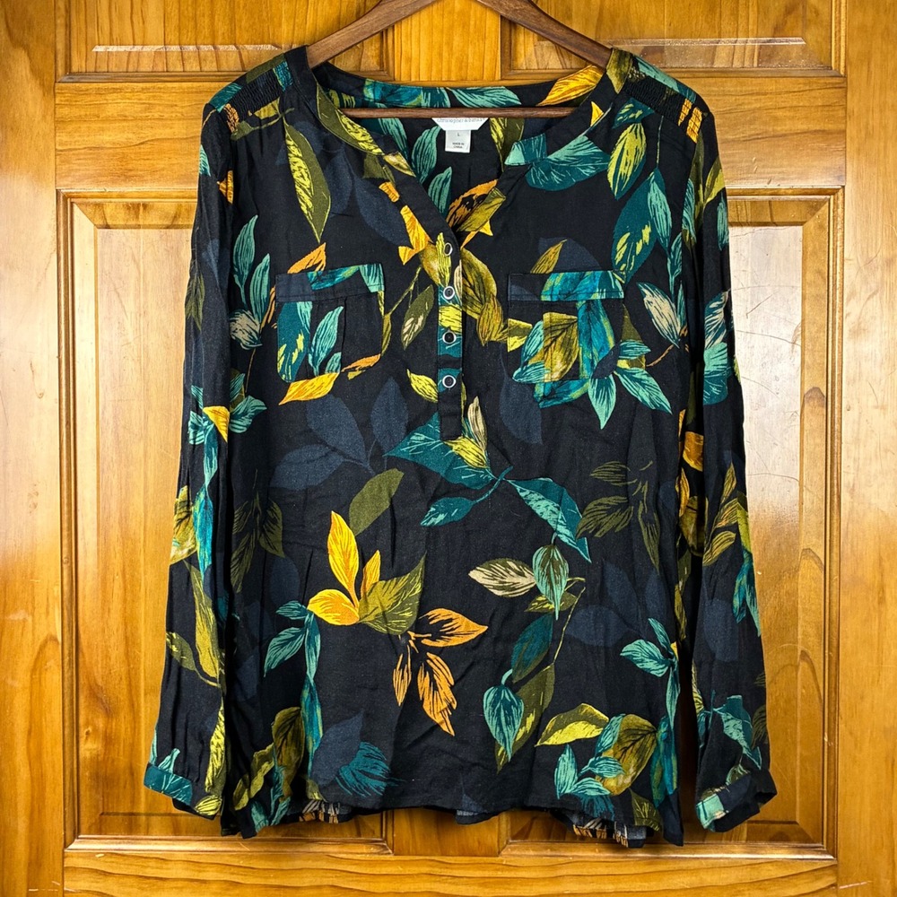 Christopher & Banks Womens Lg Black Tropical Leaf Henley Blouse Nature Top Boho
